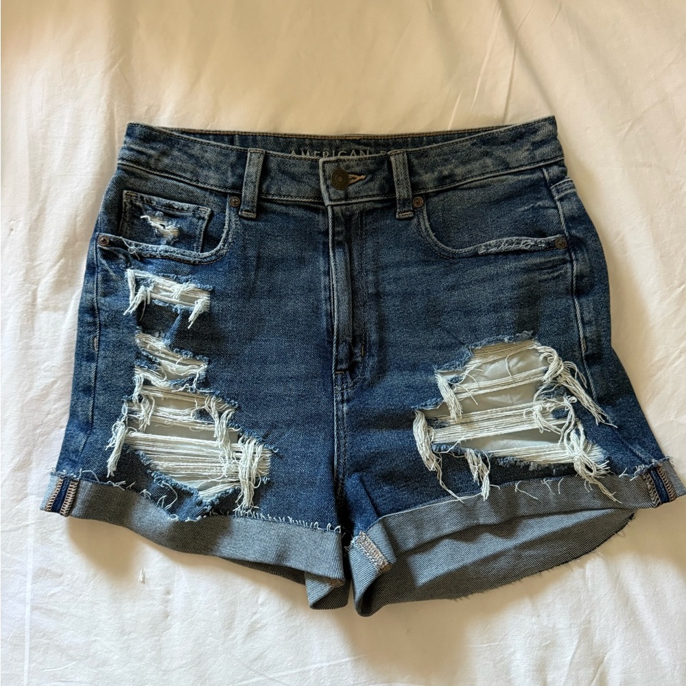 American Eagle Outfitters Dark Blue Distressed Rolled-Hem Denim Shorts